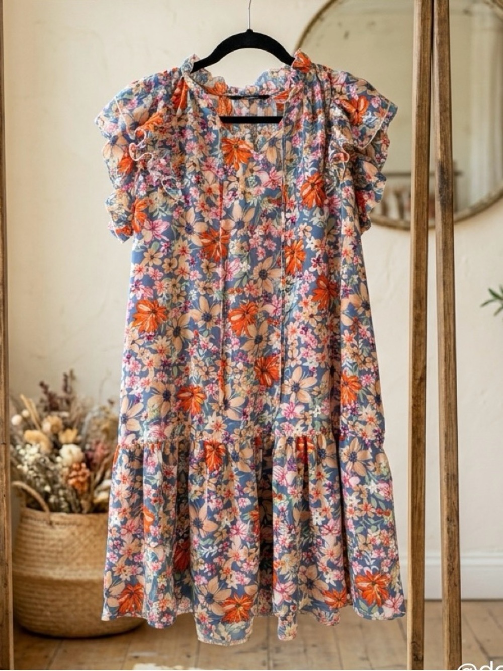 Floral Ruffle Sleeve Midi Dress - Multi-Color